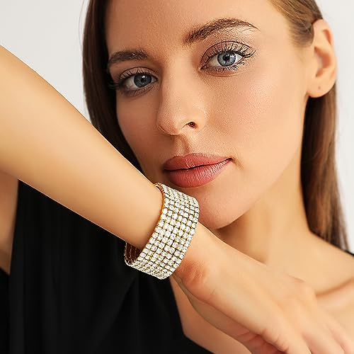 Zealmer Sparkle Multicolor Rhinestone Stackable Stretch Bracelets for Women - color: 7 Row Gold Bracelet