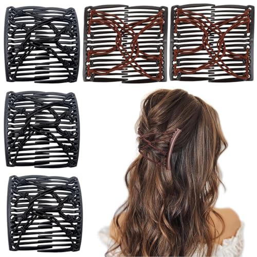 5 Pieces Stretchy Magic Comb Adjustable Elastic Clip for Women Girls No Crease Pins Vintage Bun Maker Hair Accessories for Curly Thick Wavy Ponytail - color: Black,Brown