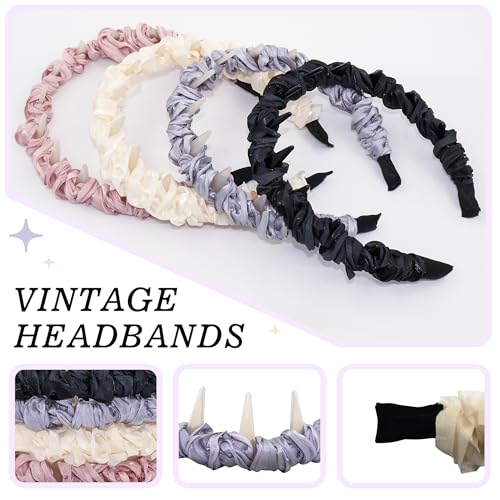 4 Pcs Satin Headbands with Teeth for Women, Non-Slip Comb Hairbands, Ruched Scrunchie Hard Head Bands, Elegant Pleated Hair Accessories for Washing Face & Daily Wear - color: Ruched comb