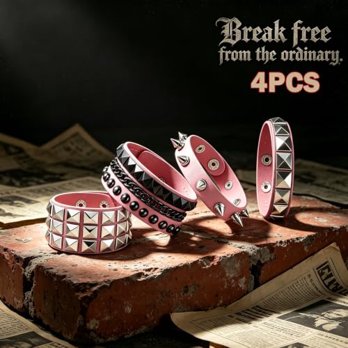 Handmade Black Leather Wrap Studded Bracelets for Women Men, 4Pcs Vintage Punk Wrist Cuff Bangle Wristband Emo Jewelry Gifts - style: Pink Square Stud Style