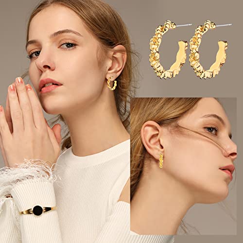 HILXURY Gold Chunky Hoop Earrings Set for Women, 14K Gold Plated Twisted Huggie Hoop Earring Hypoallergenic, Thick Open Hoops Set Lightweight - color: 6 gold chunky hoops