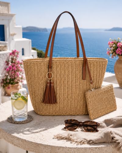 YXILEE Straw Bags For Women | M Size Travel Straw Totes Bag Woven Summer Handmade Shoulder Bag Handbag - color: Brown