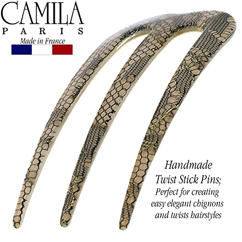 Camila Paris CP3168 French Twist Stick Clip Pins, Black Lace, Wavy Hair Pin 3-Prong Hair Fork for Girls Spiral Updo Chignon Bun Holder, Flexible Styling Hair Accessories for Women, Handmade in France - color: 3-Prong Black Lace