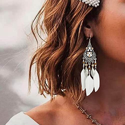 Bohemian Earrings Feather Tassel Silver Ethnic Retro Boho Dangle Earring Bead Women Jewelry for Birthday Party Gifts (White) - color: White