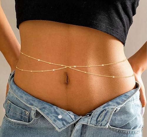 MFRYK 2PCS 14K Gold Plated Waist Chain Layered Pearl Cuban Beaded Satellite Figaro Belly Body Chain Boho Beach Waist Chains For Women Adjustable Waterproof Sexy Bikini Body Chain Jewelry For Women - style: Bead Double Layered-Gold