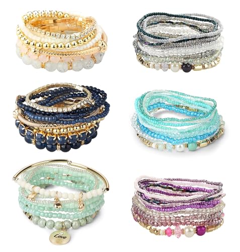 LOYALLOOK 6 Sets Bohemian Stackable Bead Bracelets for Women Stretch Bohemian Style Stretch Multilayered Boho Bracelet Set