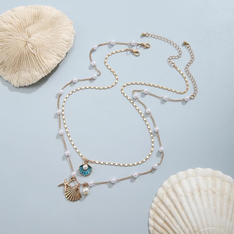 Layered Charm Necklace Boho Summer Jewelry Beach Vacation Gift for Women Surfer Accessories Gold-Filled Chain Summer Jewelry - color: A2