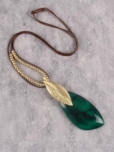 GelConnie Long Necklaces for Women Boho Large Pendant Necklace Casual Bohemian Brown Leather Choker Sweater Circle Statement Stone Necklace - style: Green Leave Gold Necklace