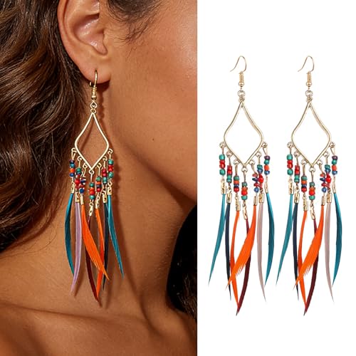 FRESHME Native American Earrings for Women - Ethnic Indian Feather Earrings, Western Jewelry for Photoshoot Music Festival