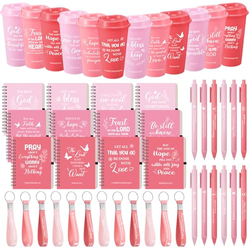 Skylety 12 Set/ 48 Pcs Christian Gifts for Women Men Religious Gift Set 16 oz Bible Scripture Cups with Lids Mini Spiral Notebooks Pens Keychains for Mother Father Birthday(Pink Gradient) - color: Pink Gradient