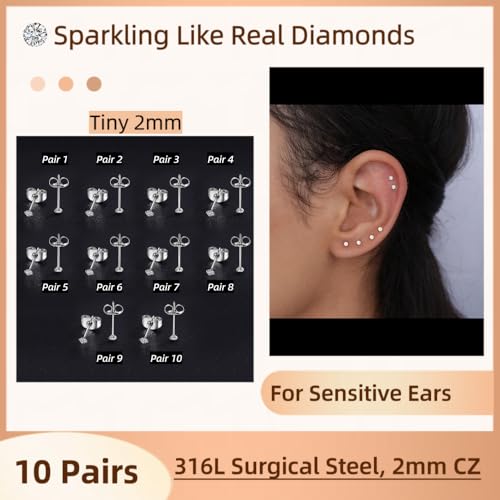 10 Pairs Small Stud Earrings for Women Precision-Cut Cubic Zirconia Earrings for Sensitive Ears Hypoallergenic Surgical Stainless Steel Tiny Stack Earrings for Multiple Piercing - color: 2mm-10 Pairs