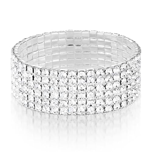 Zealmer Sparkle Multicolor Rhinestone Stackable Stretch Bracelets for Women - color: 6 Row Silver Bracelet