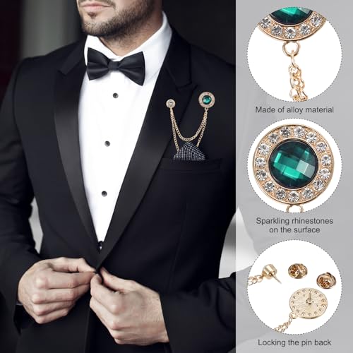 PATIKIL Gem Chain Brooch Pins, Hanging Chain Brooch Suit Pin Tassel Chain Round Crystal Badge Lapel Collar Pins for Men Shirts - color: Gold Tone(Green)