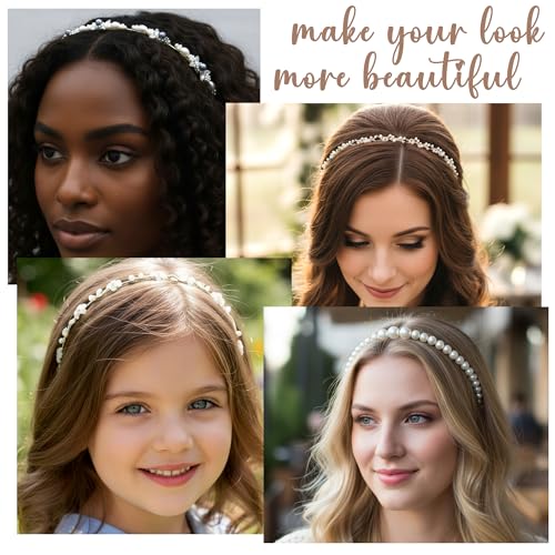 4 Pack Pearl Headbands for Women, Gold Metal Crystal Rhinestone Hair Bands, Elegant Thin Hair Hoops, Bridal Wedding Hair Accessories, Vintage Non-Slip Headpiece Gift Set - color: Type 16