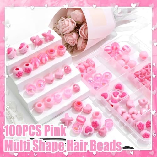 NAISKA 100PCS Pink Hair Beads Multiple Pony Beads for Braids Heart Loc Dreadlock Bead Flower Bead Set Cute Braids Accessories for Kids Girls - color: Pink