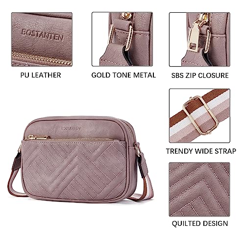 BOSTANTEN Quilted Crossbody Bags for Women Vegan Leather Purses Shoulder Handbags with Wide Strap - color: Purple