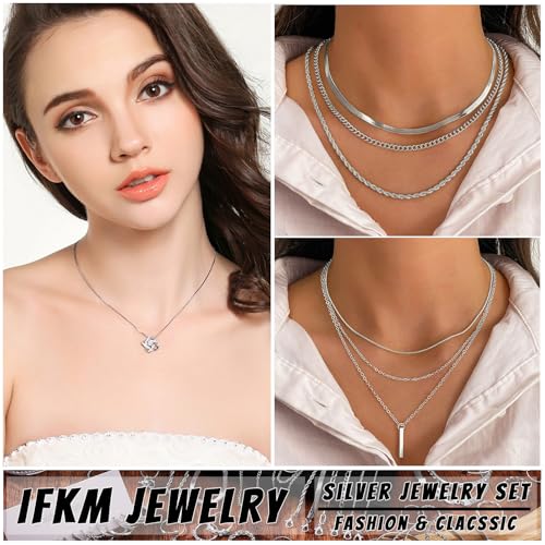 IFKM 36 PCS Silver Plated Jewelry Set with 3 PCS Necklace, 12 PCS Bracelet, 7 PCS Ear Cuffs Earring, 14 Pcs Knuckle Rings for Women Valentine Anniversary Birthday Friendship Gift - color: Trendy Silver Set