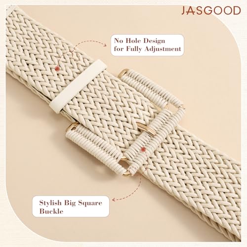 JASGOOD Women Wide Woven Belt for Dresses Rattan Waist Belt Braided Boho Belt with Square Buckle - color: Beige, size: Fit Waist Size 28-32inch
