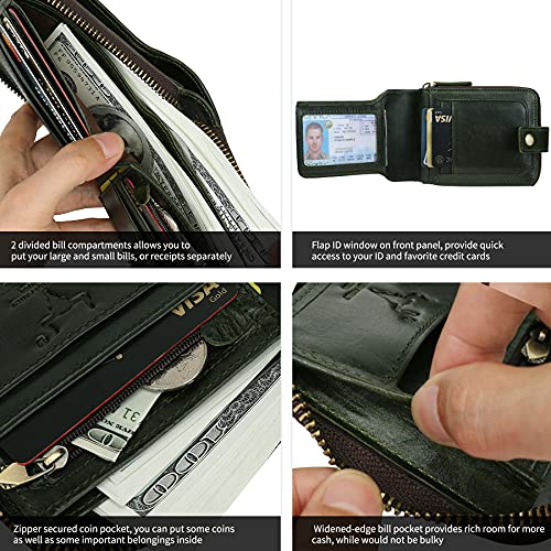 MING CLAN Leather RFID Blocking Bifold Wallet For Men With Zipper, Flap ID Window Zip Coin Pocket, Big Capacity Credit Card Holder For Travel - color: Green