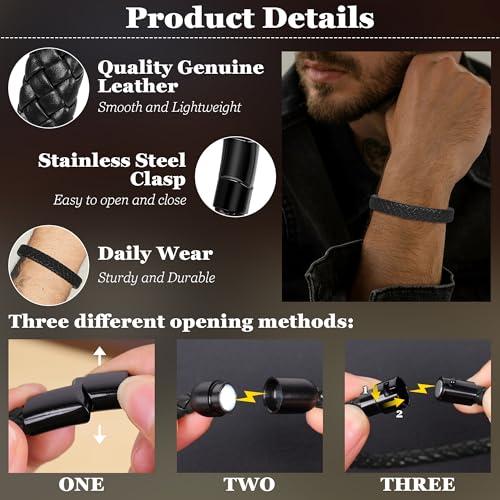 3Pcs Genuine Italian Braided Leather for Men Women Leather Wrist Cuff Bracelets Black Brown Stainless Steel Clasp Wrap Wristband 7.5-9 Inches - color: Black