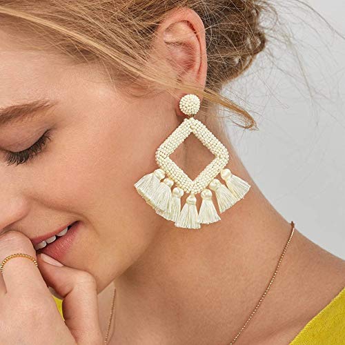 Long Tassel Earrings Statement Bohemian Pom Ball Handmade Drop Dangle Earrings for Women - style: S-beige