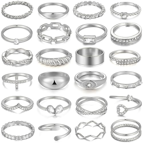 FAXHION 25 PCS Gold Stackable Rings Set for Women, Simple Twist Knuckle Finger Ring Trendy, Dainty Stacking Statement Thumb Rings Pack Jewelry Gift - color: A-silver