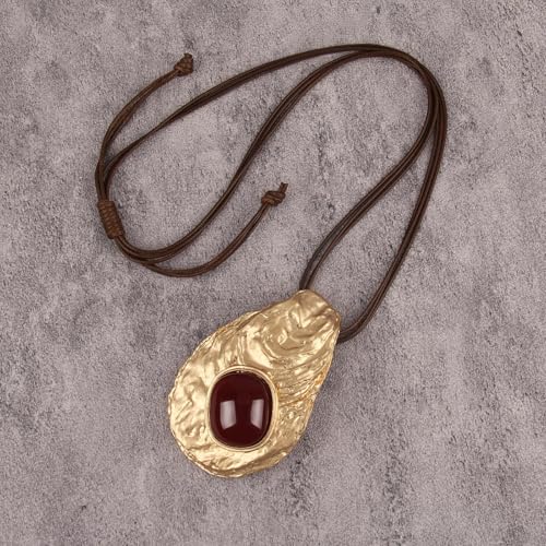 GelConnie Leather Necklace for Women Large Pendant Long Brown Necklace Circle Leather Choker Vintage Sweater Necklace Gold Chunky Boho Necklaces for Women - style: Large Red Stone Necklace