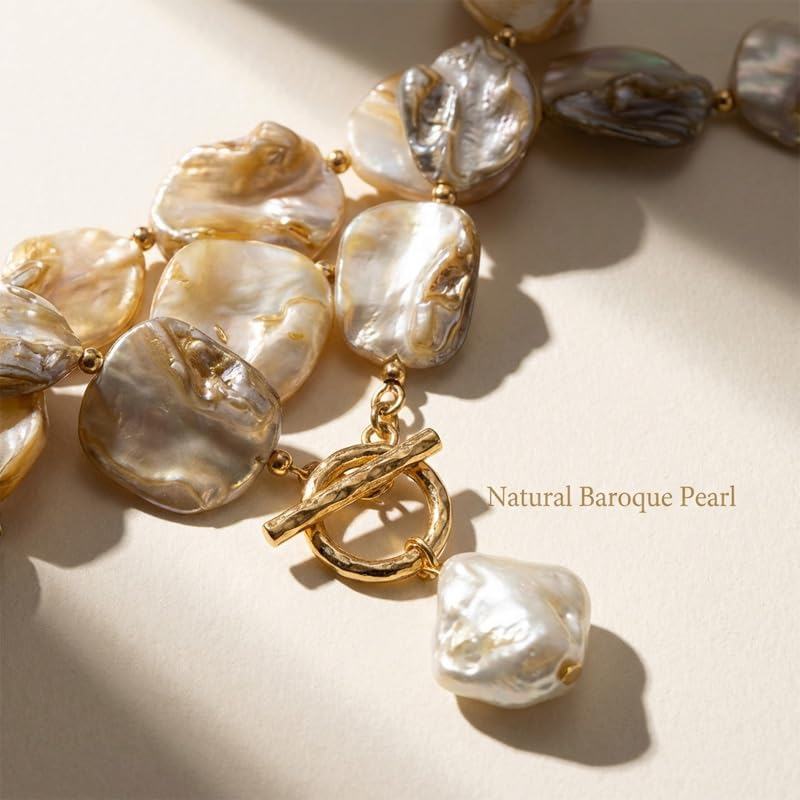 Chunky Shell Choker Necklace for Women,Natural Irregular Pearl Beaded Beach Necklaces,OT Buckle Pearl Pendant Choker,Bohemian Beach Necklace,Summer Beach Vacation Jewelry Gift for Women - color: Amber