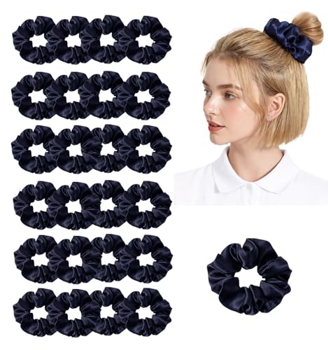 24Pack Satin Scrunchies For Women Silky Scrunchy Silk Hair Ties Ponytail Holder Hairs Bow Ropes Elastics Hairtie Accessories - color: Navy