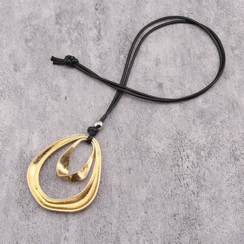 GelConnie Leather Necklace for Women Round Wooden Pendant Long Leather Choker Vintage Sweater Necklace Gold Chunky Boho Necklaces for Women - style: Gold 2 Circles Pendant