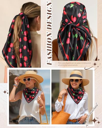 AWAYTR 35” Square Satin Head Scarf Hair Scarf for Women's Hair Silk Bandana for Women Silk Head Wrap for Sleeping - color: Cherry Black