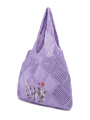 Crochet Mesh Beach Tote Shoulder Handbags Hobo Summer Aesthetic Women's Bag - color: Embroider-purple