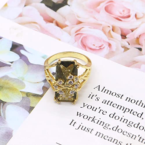 Luxury Champagne Crystal Rectangle Wedding Ring Flower Zirconia Cocktail Exaggeration Engagement Charm Statement Jewelry Finger Rings for Women Gift 14k Gold Plated