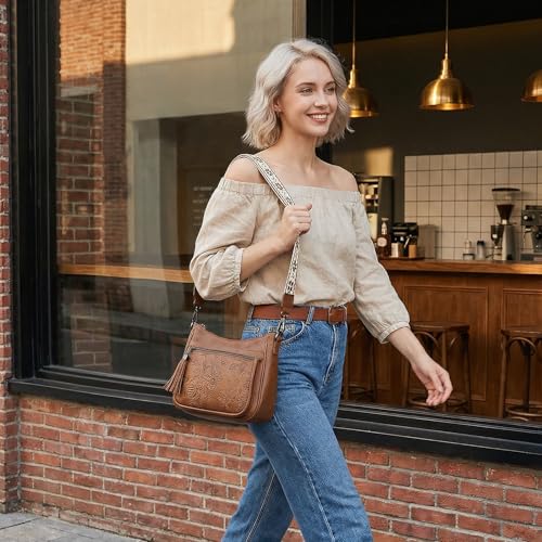 Crossbody Bags for Women, Vegan Leather Medium Crossbody Purse, Spacious Daily Travel Shoulder Bag with Boho Strap - color: Brown