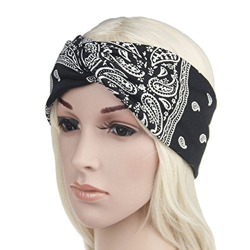 Assorted Paisley Print Wide Bandana Knot Headbands Criss Cross Head Wrap Hair Band (Black) - color: Black