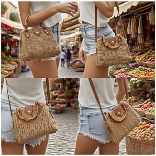 ZIDE Straw Crossbody for Women Woven Summer Beach Handmade Wicker Rattan Bamboo Joint Bag Boho Satchel for summer Holiday - color: Brown