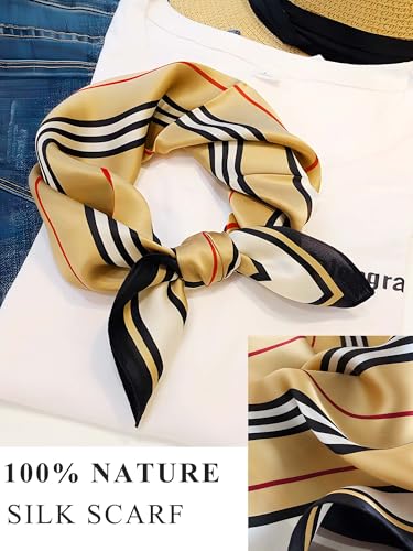 100% Mulberry Silk Scarf for Women Hair Lightweight Square Neckerchief Wrap For Head Scarves 21" - color: 32-khaki Stripes /21"*21"