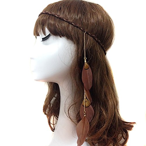 Women Lady Bohemian Tassels Hairband Headwear Hippie Feather Headband Hair Hoop Handmade Indian Fascinator Headband Hair Bands Headdress Hair Accessories (B#) - color: Coffee