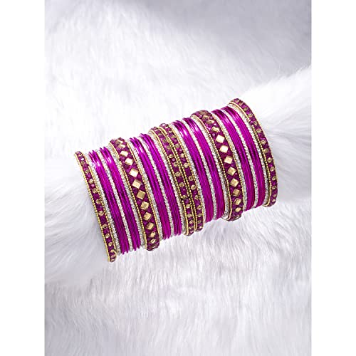 Aheli Ethnic Colorful Metal Bangles Chudha Set Stone Studded Bangle Set Indian Wedding Wear Fashion Jewelry Gift for Women Blue - color: Rani Pink