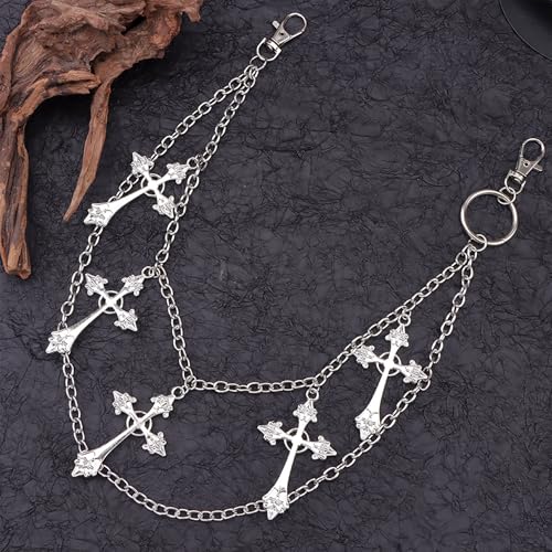 Layered Pants Chain for Men Women Punk Chain Hip Hop Jewelry Clothing Accessories Vintage Jeans Chains - style: Silver two layered five crosses