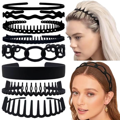Set of 8 Non Slip Plastic Headbands for Women Men Teen and Girls, Black Nubuck Material Hair Bands, Wide and Skinny Head Bands with Teeth Comb (8 Styles) - size: 1 Count (Pack of 8)