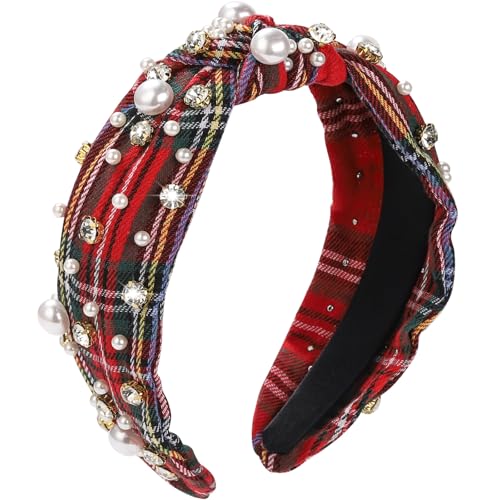 WantGor Pearl Knotted Headband, Women Rhinestone Embellished Hairband Elegant Wide Top Knot Bride Headbands Headpieces Party Fashion Elegant Ladies Hair Band Hair Hoop Accessories (Red Plaid) - color: Red Plaid