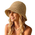 Straw Bucket Hat for Women Foldable Summer Beach Sun Hats Wide Brim Crochet Floppy Hat for Vacation Travel Shade & Style - color: Khaki-a