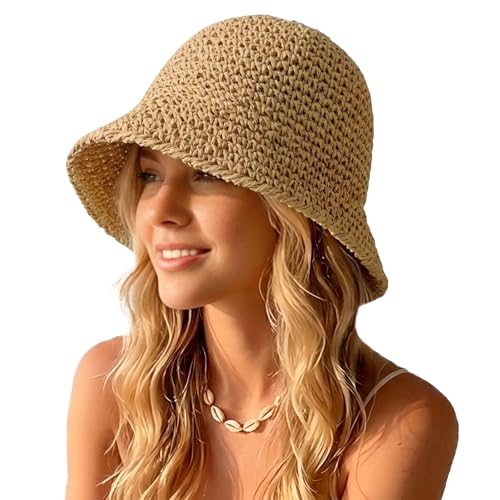 Straw Bucket Hat for Women Foldable Summer Beach Sun Hats Wide Brim Crochet Floppy Hat for Vacation Travel Shade & Style - color: Khaki-a