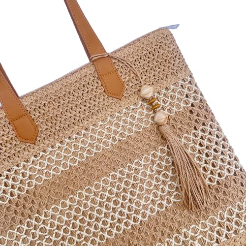 Aphoraeny Straw Beach Bag Buckets Totes Handbag Shoulder Tote Bag Straw Purse Summer Purse Women Summer Handbag - color: B-brown Stripes