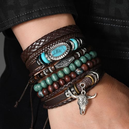 Turquoise Leather Western Bracelets for Women Men Bohemian Retro Turquoise Wrap Bracelets Exquisite Layered Stacked Cowboy Cowgirl Bracelet Western Country Concert Outfits Leather Cuff Bracelet for Women - style: Bull Head