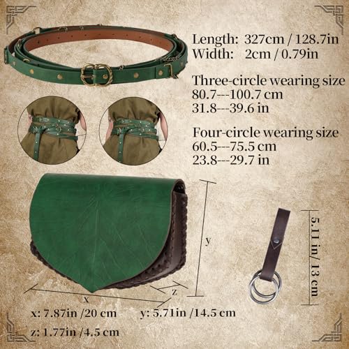 EpicCos Leaf-Patterned Waist Bag, Renaissance Multi-Turn Wrapped Faux Leather Belt with Skirt Clip for Ren Faire Forest Costumes (Green A)