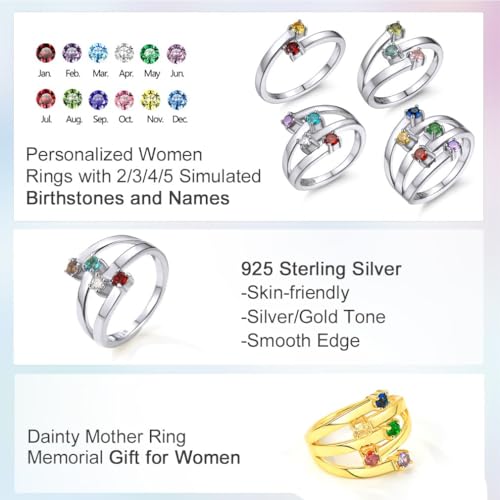 Custom4U Personalized 1-4 Birthstone Rings for Women Promise Rings for Her Sterling Silver Mothers Ring Customized Cubic Zirconia Stones Wedding/Valentine's Day/Mother's Day Jewelry Gift for Mom Wife - color: B-2 Names-Gold