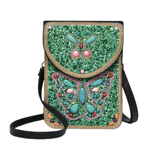 Small Crossbody Bags for Women Designer Cell Phone Bag Boho Shoulder Wallet Purse - color: Green Butterfly
