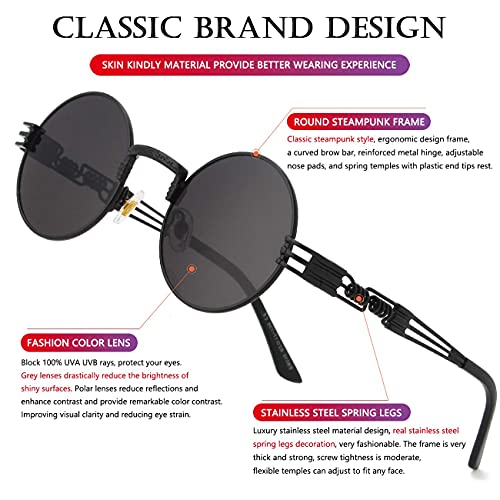 AIEYEZO Round Steampunk Sunglasses for Men Women Retro Circle Hippie Glasses Metal Frame 100% UV Blocking Lens - color: Black/Grey